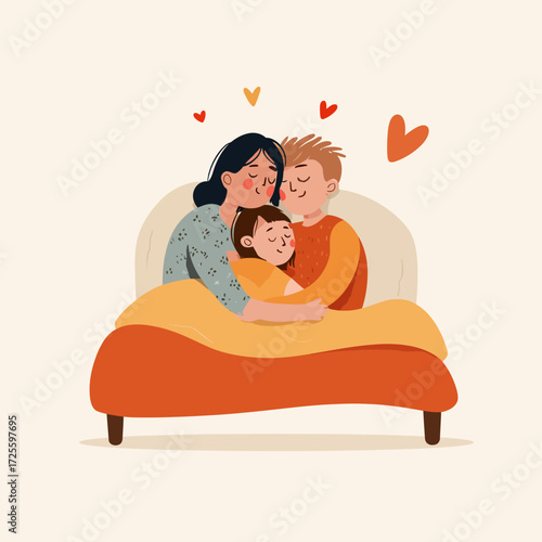 Loving family embracing child warmly in bed, showing affection and togetherness.