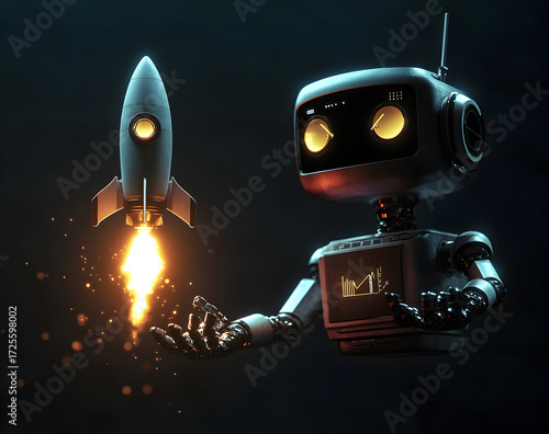 A robot holding a rocket with an innovation concept light effect in his hand against a dark background, for a new business idea and copy space concept.