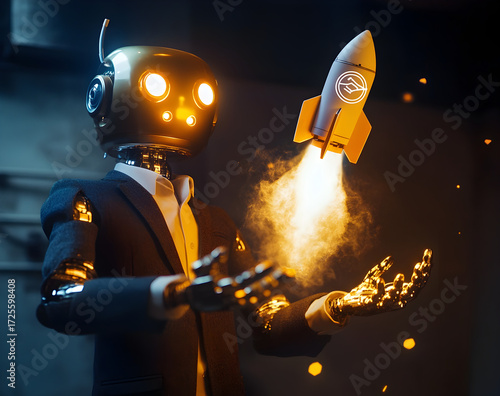 A robot holding a rocket with an innovation concept light effect in his hand against a dark background, for a new business idea and copy space concept.