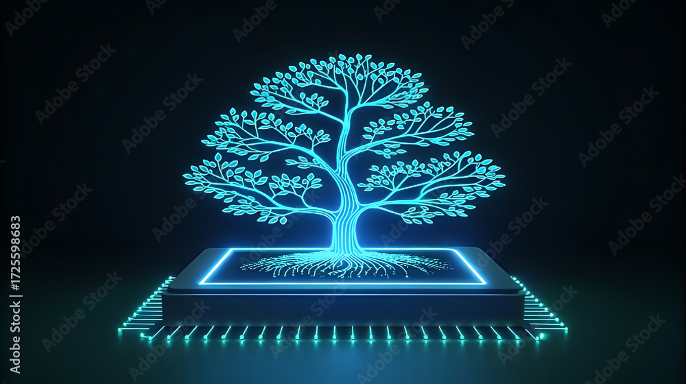 Fototapeta premium Neon blue circuit tree glowing on computer chip technology