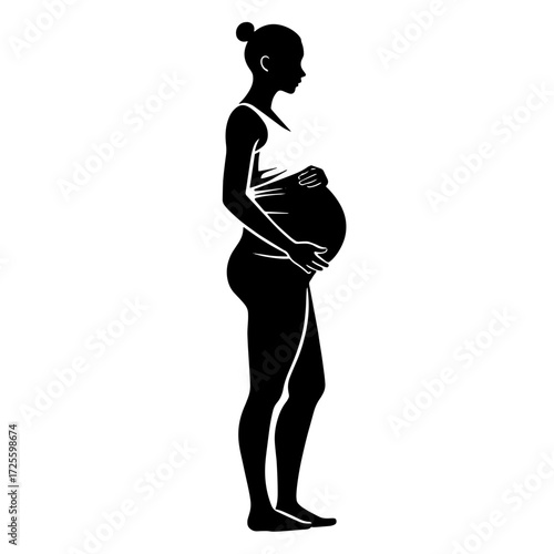Silhouette of a pregnant woman cradling her baby bump in a serene pose against a plain background