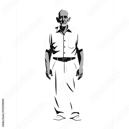 Elderly man with gray beard stands confidently in casual clothing indoors