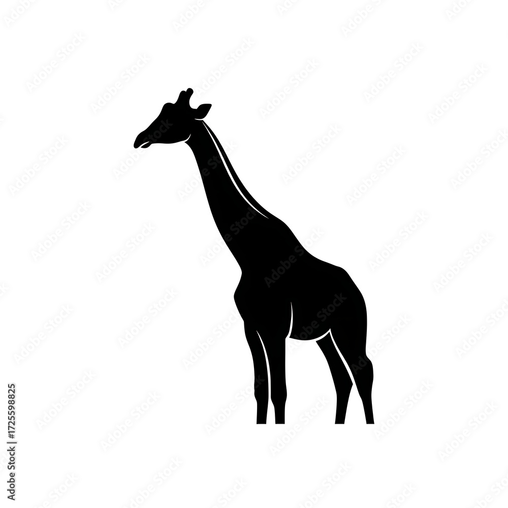 Fototapeta premium Black silhouette of a giraffe standing, isolated on white background