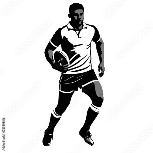 Rugby player in motion carrying a ball during a match on a sunny day