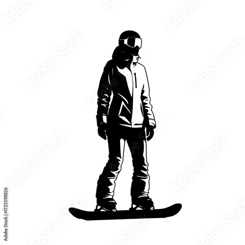 Snowboarder in winter gear getting ready to ride down the slope at a mountain resort during a sunny day