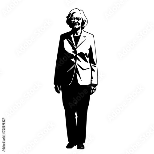 Elderly woman in a suit walking confidently in a minimalist setting during daytime hours