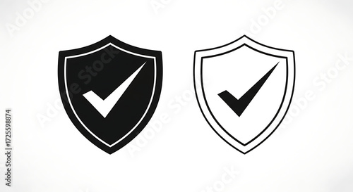Two shield icons with checkmarks, one black and one outline, isolated on white background