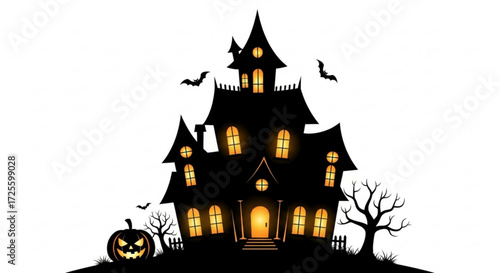 Spooky haunted house silhouette with glowing windows, bats, and a grinning pumpkin, perfect for halloween decorations and themes