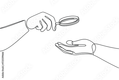 One line drawing of hands exchanging a magnifying glass