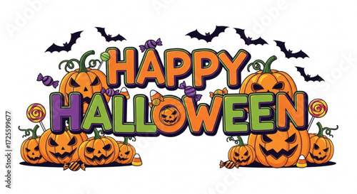 Happy halloween vector illustration featuring pumpkins, bats, and candies for festive holiday celebration