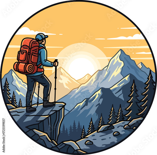 Hiker Admiring Sunset over Mountain Range