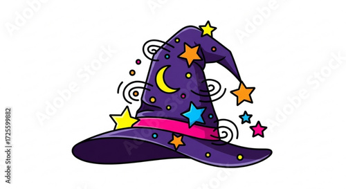 Whimsical witch hat vector illustration featuring stars and moon for magical halloween costume