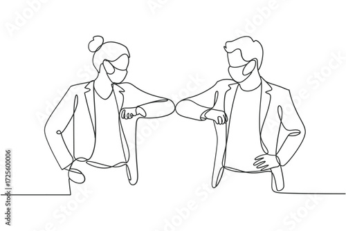 Two people wearing masks elbow bump in social distancing greeting