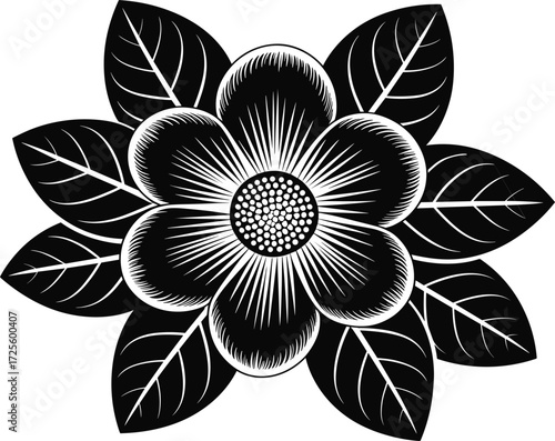 Black and white stylized flower with eight petals and detailed center Keywords: flower, bloom