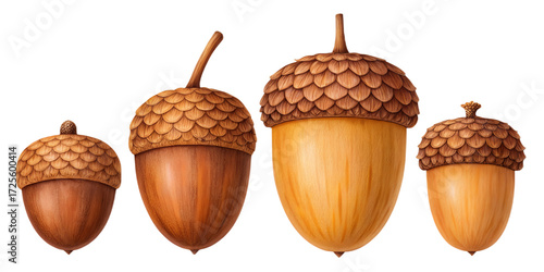 Acorns PNG Set – Isolated Realistic Autumn Acorns on Transparent Background