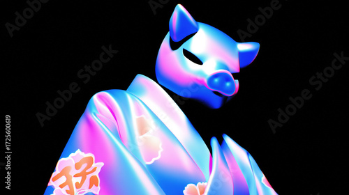 person in a pig mask and kimono looking at the camera from above, chinese horoscope animal symbol of the year