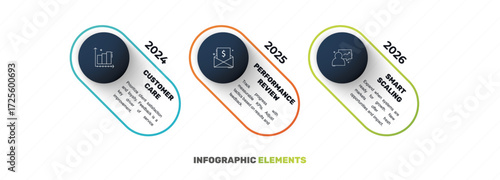 Vector line infographics with 3 circles. Business concept graphic process template with three steps. Graphic timeline for app, website, interface, chart, levels, web, diagram, banner, presentations