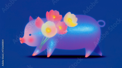 cute pig with flower bouquet, chinese horoscope animal symbol of the year