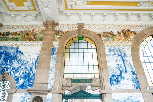 Porto, Portugal, May 18 2025: Historic Sao Bento Railway Station in Porto with Blue Azulejo Tile Murals and Architecture