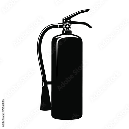Black silhouette of a fire extinguisher with a hose and nozzle ready for use