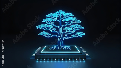 Neon blue circuit tree on dark background bonsai technology