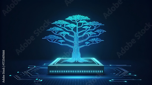 Neon blue circuit tree on dark background bonsai tree