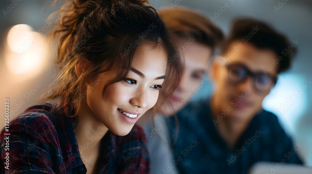 Obraz premium A diverse group of young students collaborating intently around a laptop in a softly lit indoor setting