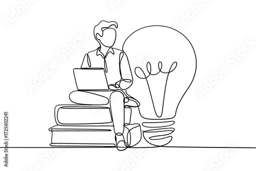 Man with laptop and lightbulb symbolizing ideas and learning