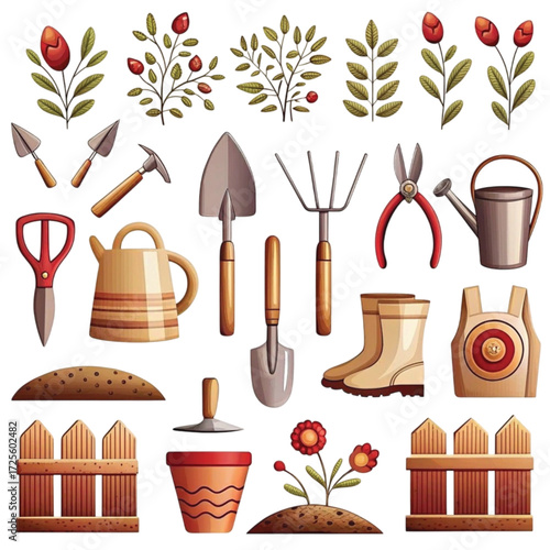 Garden tools and equipment in colorful flat design style  