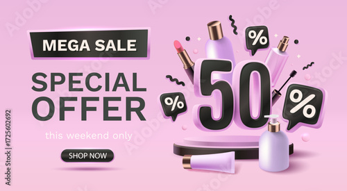 Special offer, mega sale, 50 percent off cosmetics, banner market advertising. Vector illustration