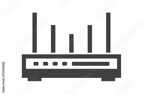 Dark gray router with several antennas sends connection signal across the room