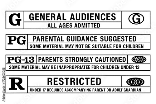 Papier peint Movie rating labels set with parental guidance and restricted categories, Transp