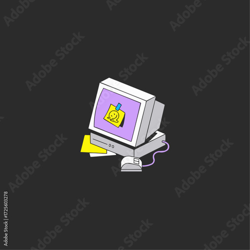 Retro computer setup with smiley sticky notes, evoking nostalgia and simpler times, perfect for tech blogs or vintage-themed designs, originally a vector graphic.