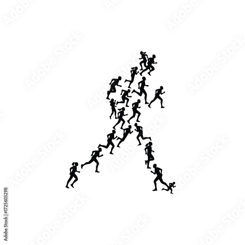 Dynamic silhouettes of numerous runners in various poses creating an energetic visual representation of movement.