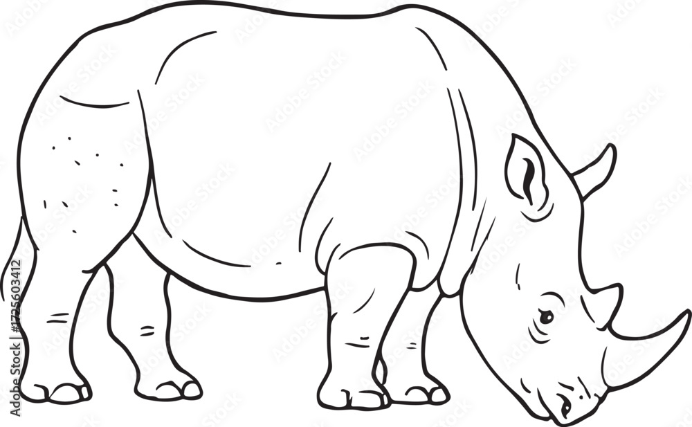 Fototapeta premium Simple Black and White Line Art Illustration of a Rhinoceros