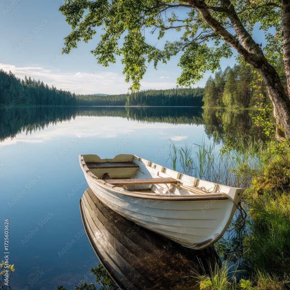 Fototapeta premium Serene lake scene featuring a white rowboat resting gently on the tranquil water's edge, framed by lush greenery and a peaceful sky.