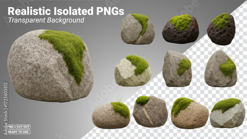 Mossy rocks and boulders realistic collection Transparent PNG file ready to be used.