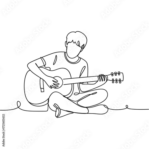 Young person playing acoustic guitar in a simple line drawing style