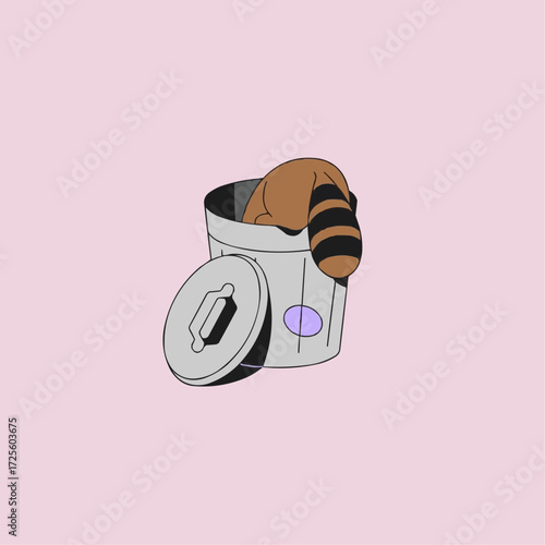 Cute cartoon raccoon hiding in a trash can, perfect for conveying playful mischief or quirky humor in illustrations, social media, or marketing materials