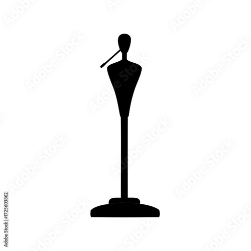 Simple black silhouette of a mannequin with a hanger on white backdrop
