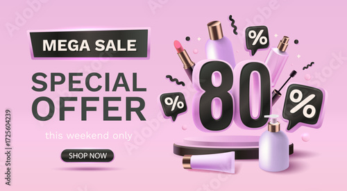 Special offer, mega sale, 80 percent off cosmetics, banner market advertising. Vector illustration