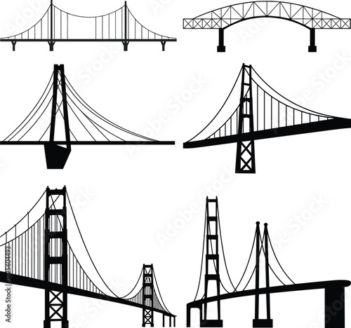 Collection of Black Bridge Silhouettes on White Background Keywords: bridge, structure
