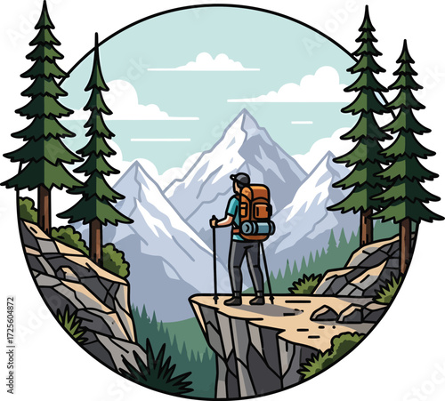 Hiker in Pine Forest with Mountain View