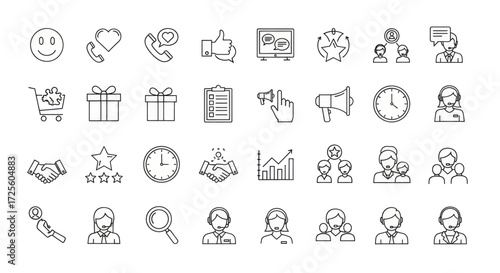 Collection of line art icons representing customer service, communication, and business concepts.