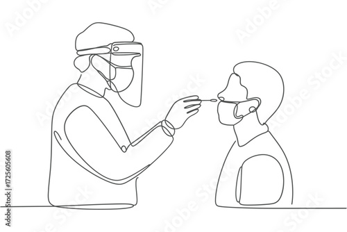 Medical professional administers nasal swab test in minimalist line art style