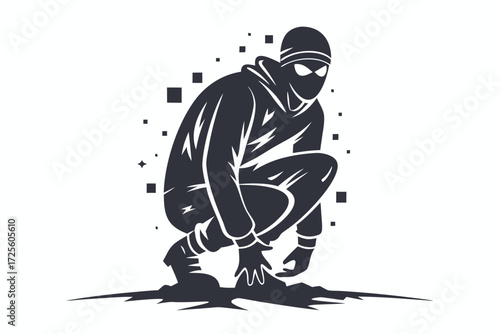 Dark masked figure in crouching stance surveys abstract terrain carefully in monochrome artwork