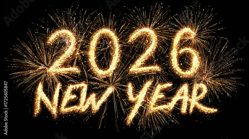 Radiant Golden Fireworks Burst Surrounding Happy New Year Celebration on Transparent Background
