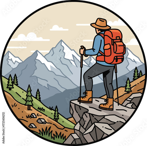 Backpacker Standing on Mountain Edge with Hiking Poles