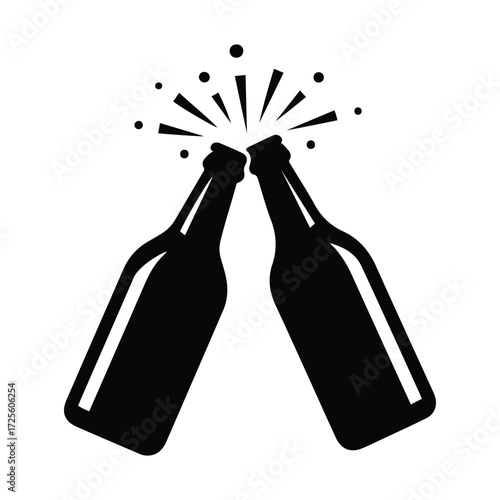 Two beer bottles clinking together, symbol of cheers, celebration, friendship, and party icon in silhouette style.