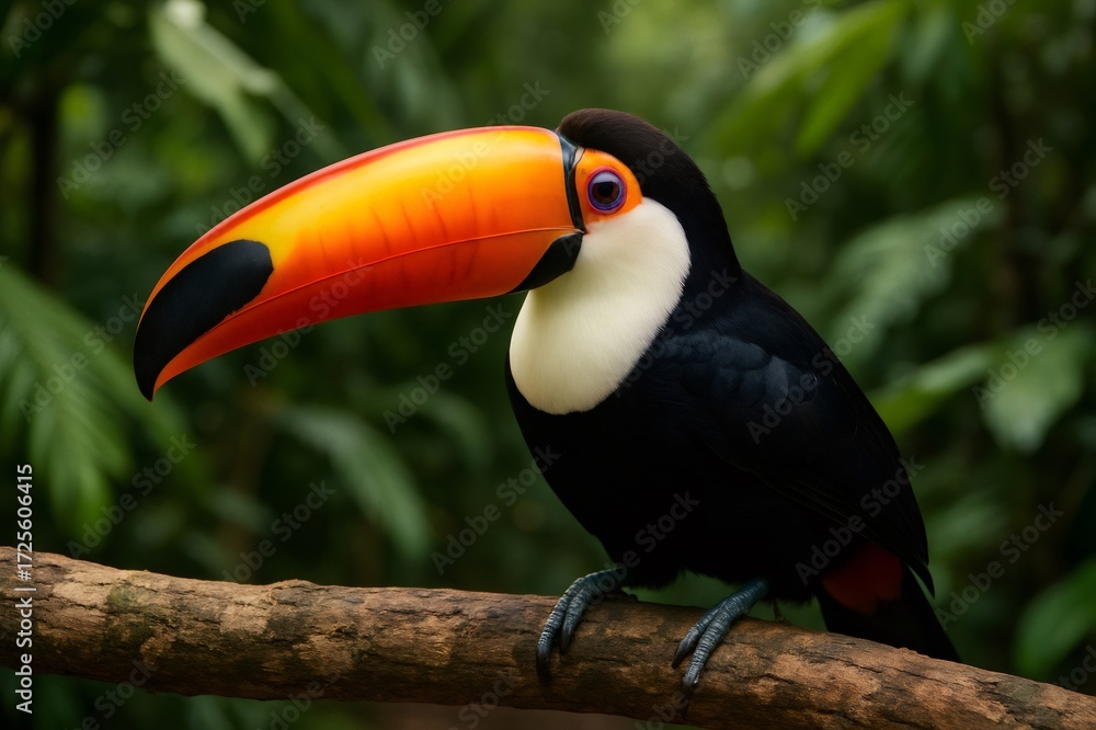 Fototapeta premium Colorful toco toucan with its large orange beak perched on a branch in a lush tropical rainforest